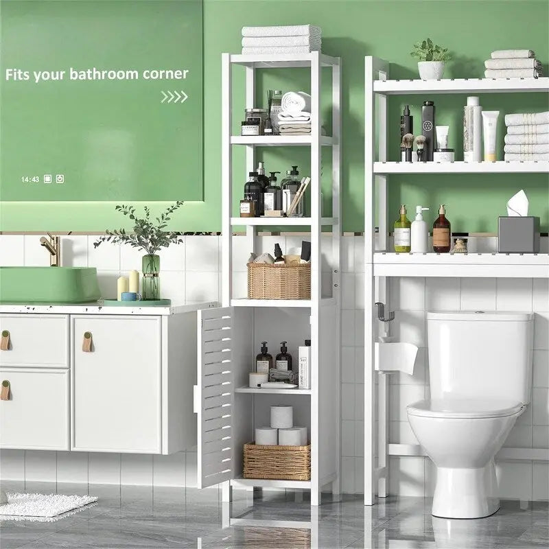 Organizador de chão estreito com 6 níveis e 67 polegadas de altura, porta veneziana e prateleiras abertas - 12.99D x 13.39W x 66.54H