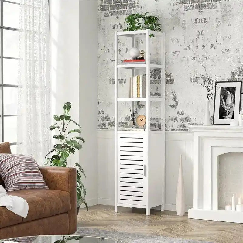 Organizador de chão estreito com 6 níveis e 67 polegadas de altura, porta veneziana e prateleiras abertas - 12.99D x 13.39W x 66.54H