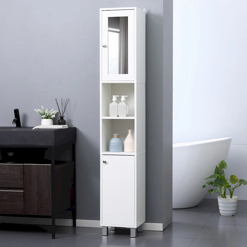 Hoher Badezimmerschrank mit Stauraum und Spiegel